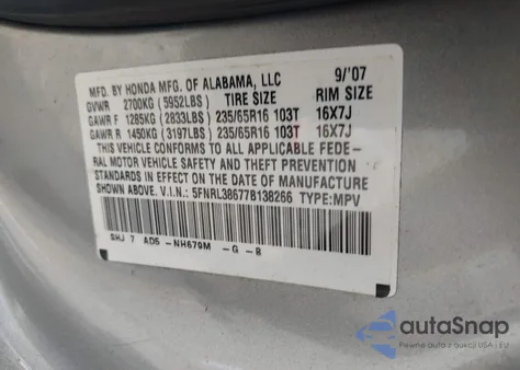 2007 Honda Odyssey Ex-L из США, поврежденный, VIN 5FNRL38677B138266